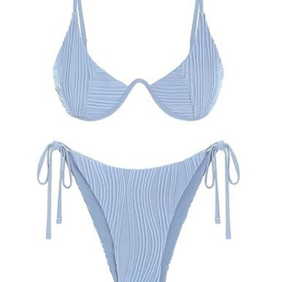 Powder Blue Ribbed Bikini with Underwire Top, Ties on the Side, New - Picture 3 of 3
